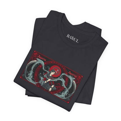 Acquario - T-shirt Zodiaco gotico. Grafica rossa sul davanti. Zodiaco nell'ombra.