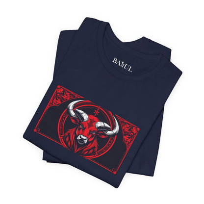 Toro - T-shirt Zodiaco gotico. Grafica rossa sul davanti. Zodiaco nell'ombra.