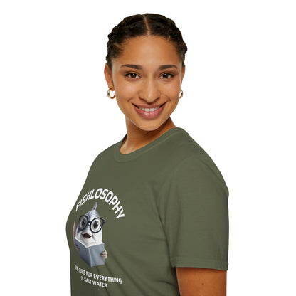 Maglietta unisex Fishlosophy - Design con vibrazioni oceaniche e domande sulla vita - La cura per tutte le malattie è l'acqua salata.