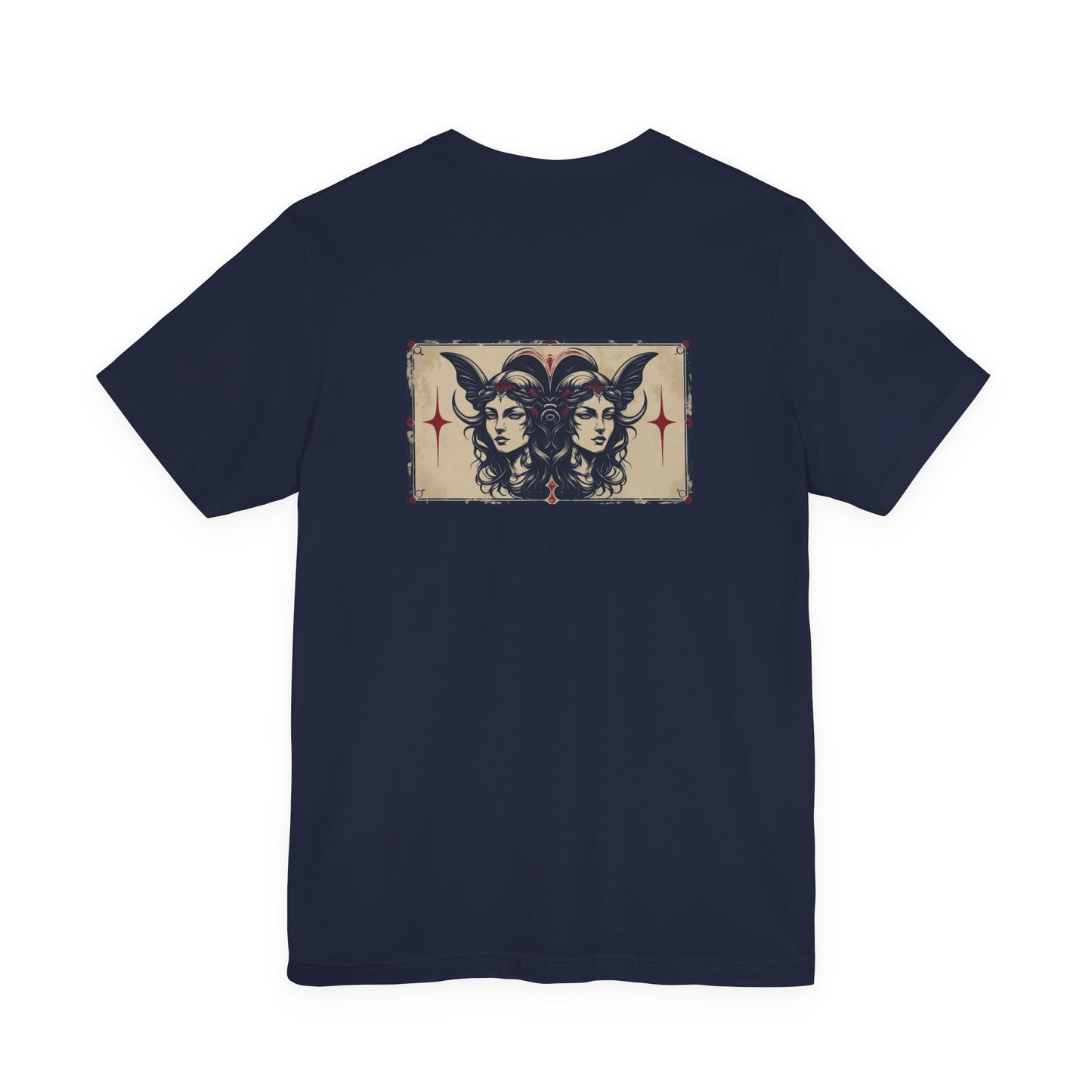Gemelli - T-shirt con segno zodiacale gotico. Grafica blu sul retro. Segno zodiacale nell'ombra.