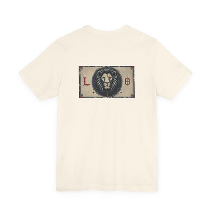 Leone - T-shirt con segno zodiacale gotico. Grafica blu sul retro. Segno zodiacale nell'ombra.