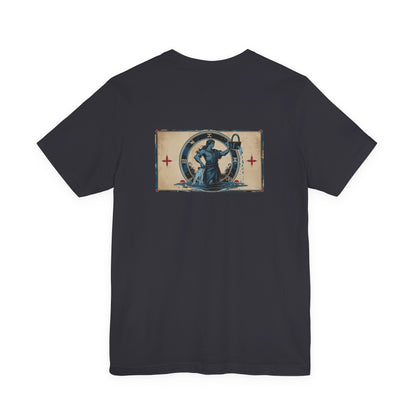 Acquario - T-shirt con segno zodiacale gotico. Grafica blu sul retro. Segno zodiacale nell'ombra.