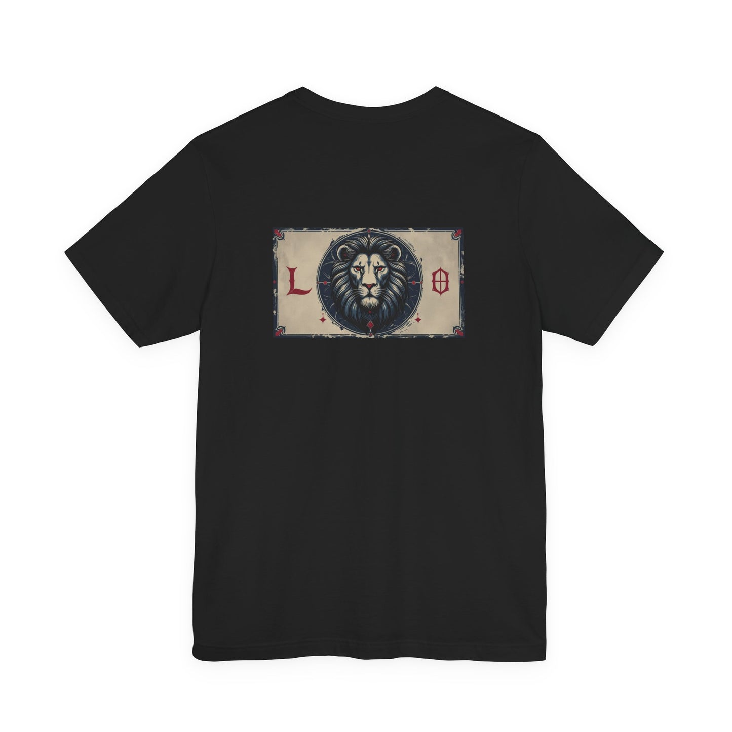 Leone - T-shirt con segno zodiacale gotico. Grafica blu sul retro. Segno zodiacale nell'ombra.