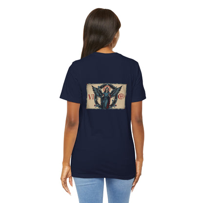 Vergine - T-shirt con segno zodiacale gotico. Grafica blu sul retro. Segno zodiacale nell'ombra.