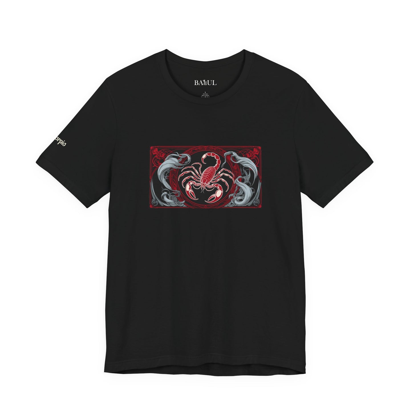 Scorpione - T-shirt Zodiaco gotico. Grafica rossa sul davanti. Zodiaco nell'ombra.