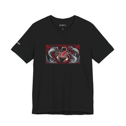 Scorpione - T-shirt Zodiaco gotico. Grafica rossa sul davanti. Zodiaco nell'ombra.