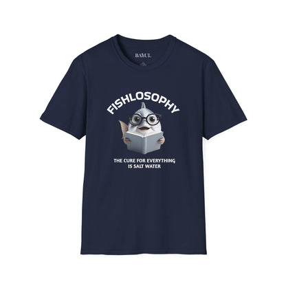 Maglietta unisex Fishlosophy - Design con vibrazioni oceaniche e domande sulla vita - La cura per tutte le malattie è l'acqua salata.