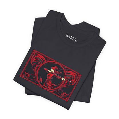 Sagittario - T-shirt Zodiaco gotico. Grafica rossa sul davanti. Zodiaco nell'ombra.