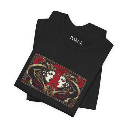 Gemelli - T-shirt Zodiaco gotico. Grafica rossa sul davanti. Zodiaco nell'ombra.