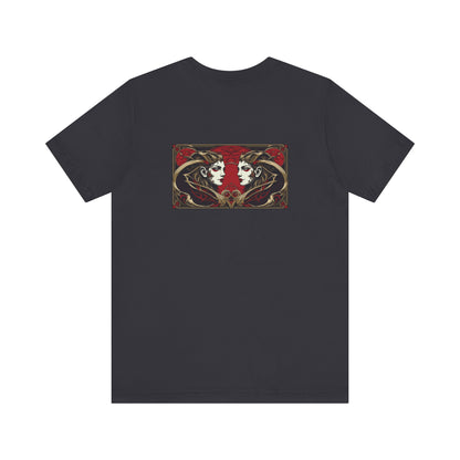 Gemelli - Zodiaco gotico, maglietta con grafica rossa sul retro. Zodiaco nell'ombra