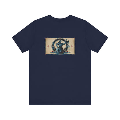 Acquario - T-shirt con segno zodiacale gotico. Grafica blu sul retro. Segno zodiacale nell'ombra.