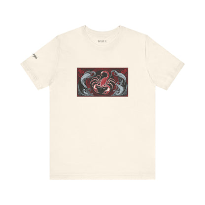 Scorpione - T-shirt Zodiaco gotico. Grafica rossa sul davanti. Zodiaco nell'ombra.