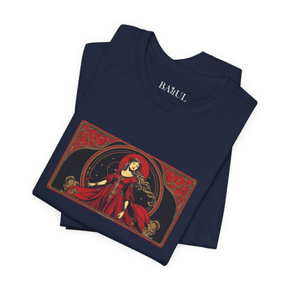Vergine - T-shirt Zodiaco gotico. Grafica rossa sul davanti. Zodiaco nell'ombra.