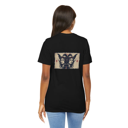 Gemelli - T-shirt con segno zodiacale gotico. Grafica blu sul retro. Segno zodiacale nell'ombra.