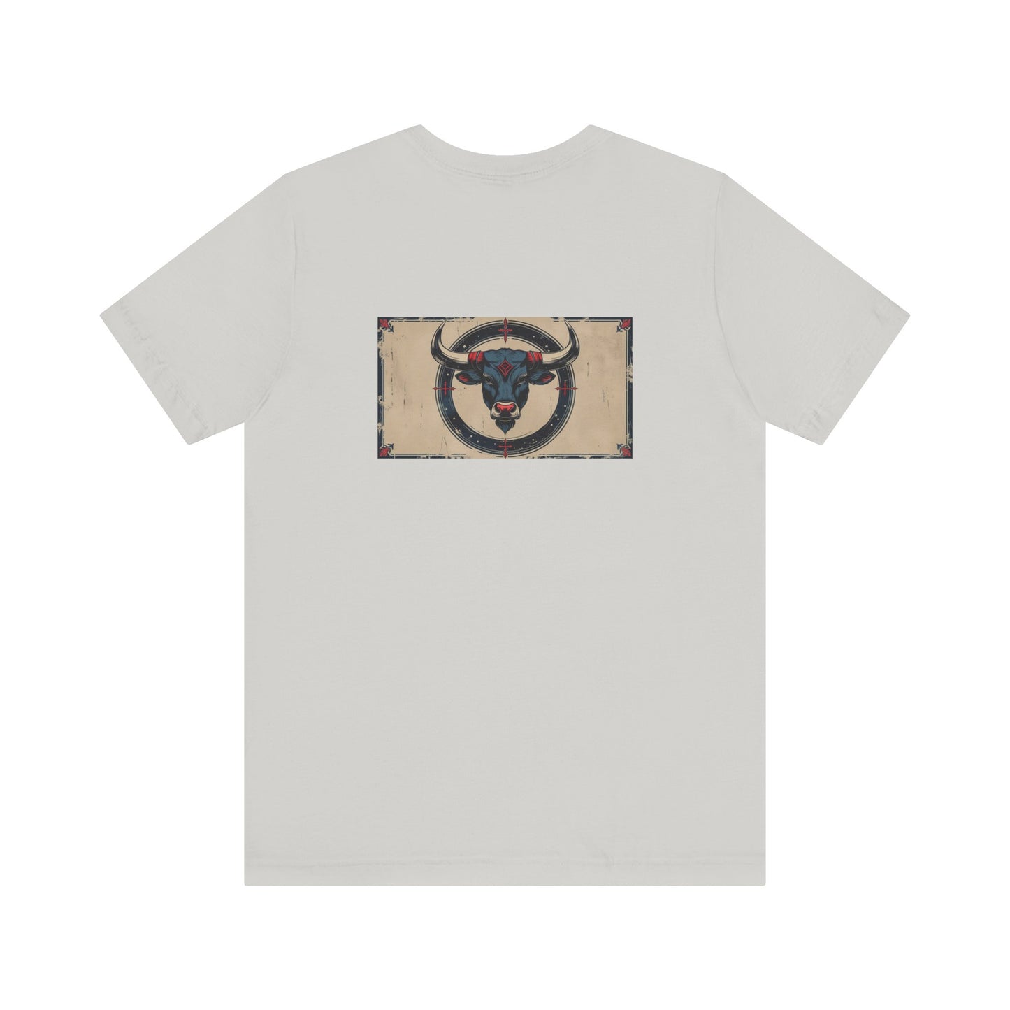 Toro - T-shirt con segno zodiacale gotico. Grafica blu sul retro. Segno zodiacale nell'ombra.