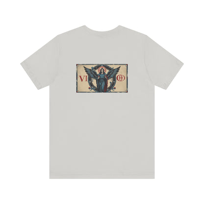 Vergine - T-shirt con segno zodiacale gotico. Grafica blu sul retro. Segno zodiacale nell'ombra.