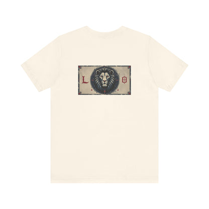 Leone - T-shirt con segno zodiacale gotico. Grafica blu sul retro. Segno zodiacale nell'ombra.