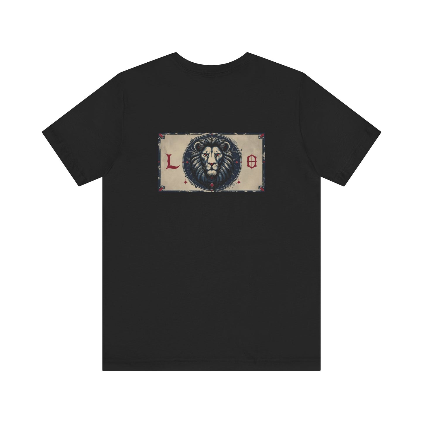 Leone - T-shirt con segno zodiacale gotico. Grafica blu sul retro. Segno zodiacale nell'ombra.