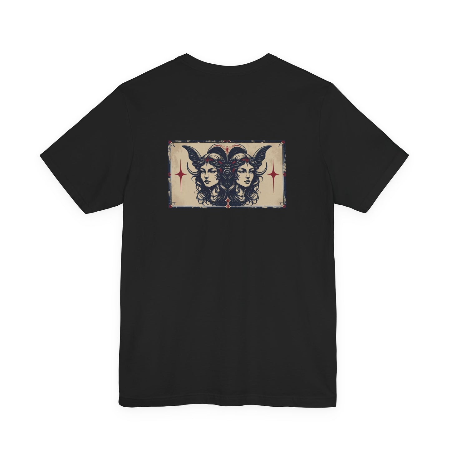 Gemelli - T-shirt con segno zodiacale gotico. Grafica blu sul retro. Segno zodiacale nell'ombra.