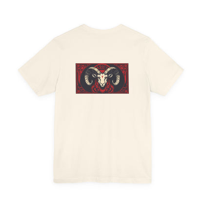 Ariete - Zodiaco gotico, maglietta con grafica rossa sul retro. Zodiaco nell'ombra