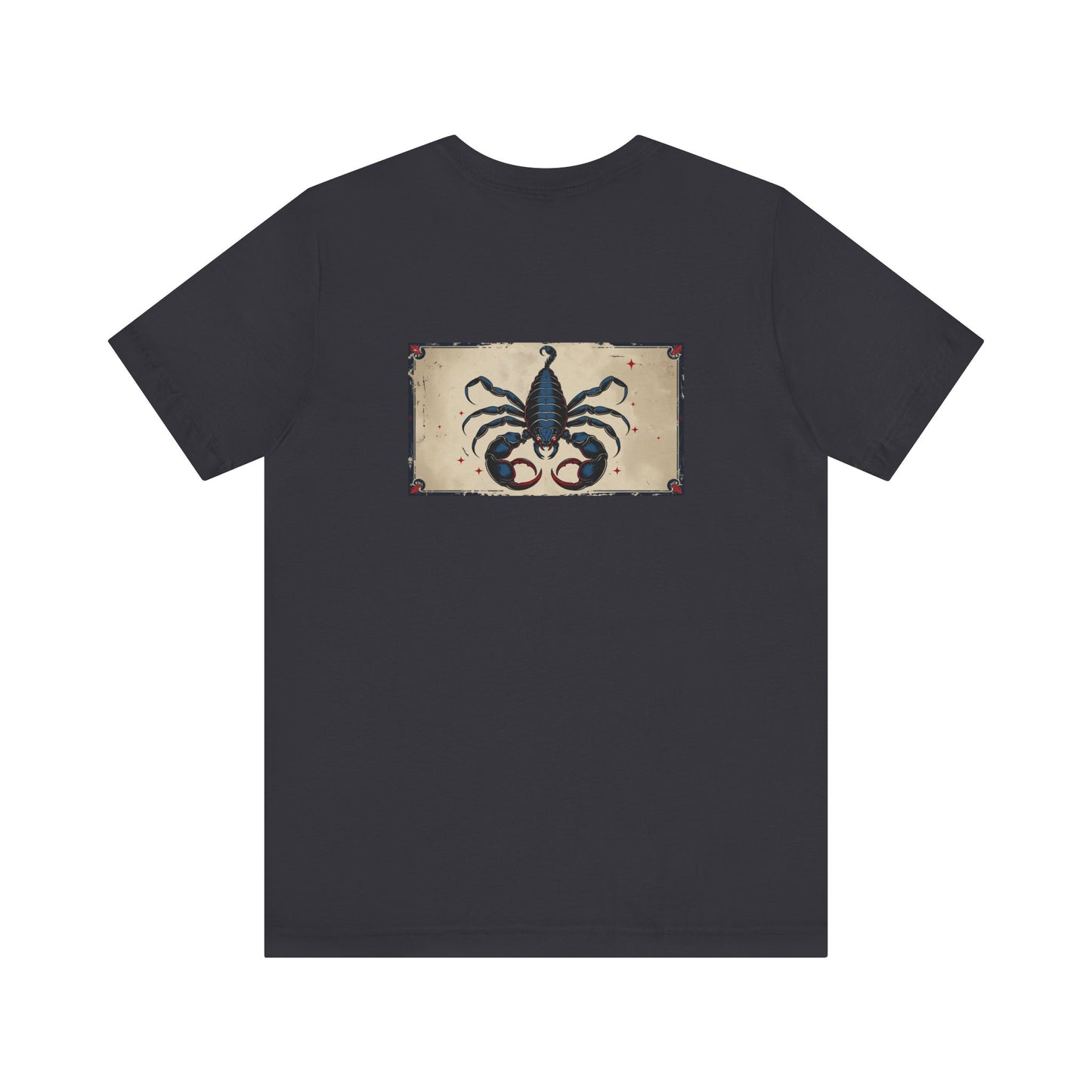 Scorpione - T-shirt con segno zodiacale gotico. Grafica blu sul retro. Segno zodiacale nell'ombra.