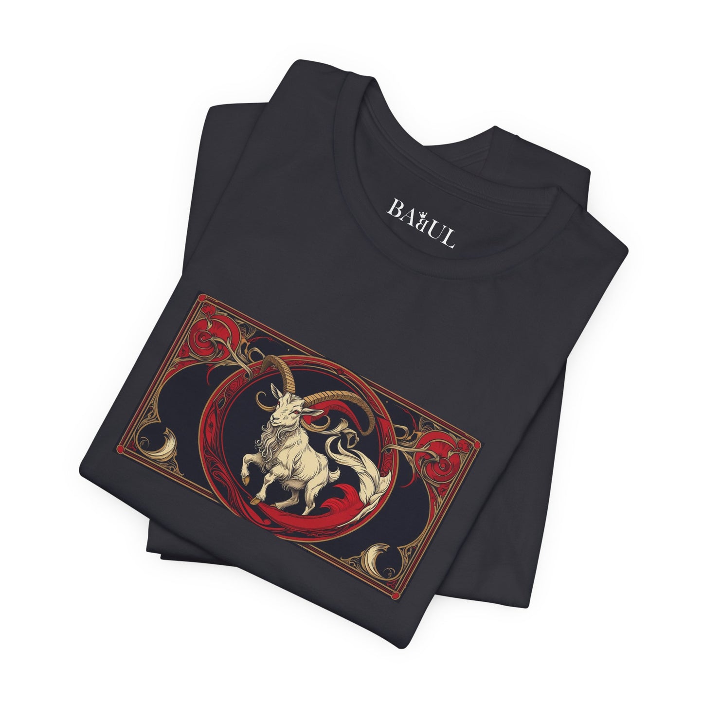 Capricorno - T-shirt Zodiaco gotico. Grafica rossa sul davanti. Zodiaco nell'ombra.