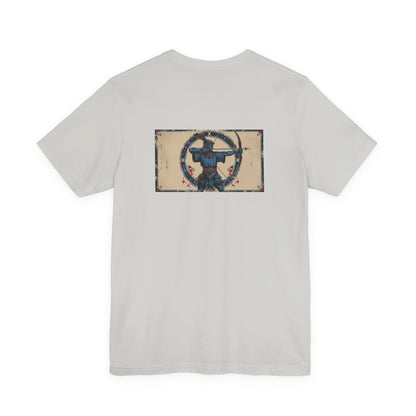 Sagittario - T-shirt con segno zodiacale gotico. Grafica blu sul retro. Zodiaco nell'ombra.