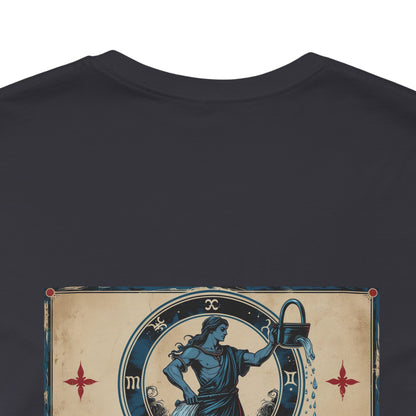 Acquario - T-shirt con segno zodiacale gotico. Grafica blu sul retro. Segno zodiacale nell'ombra.