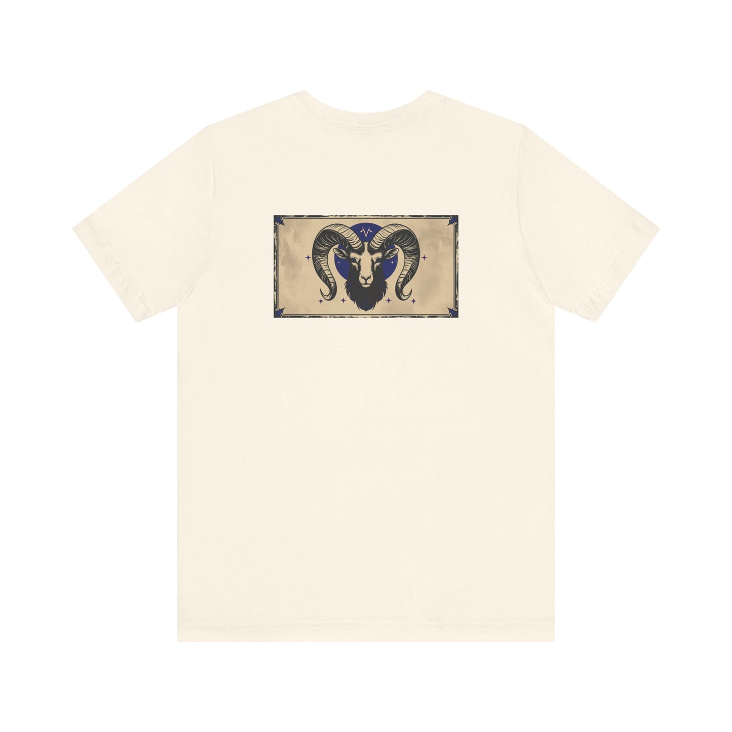Ariete - T-shirt con segno zodiacale gotico. Grafica blu sul retro. Segno zodiacale nell'ombra.