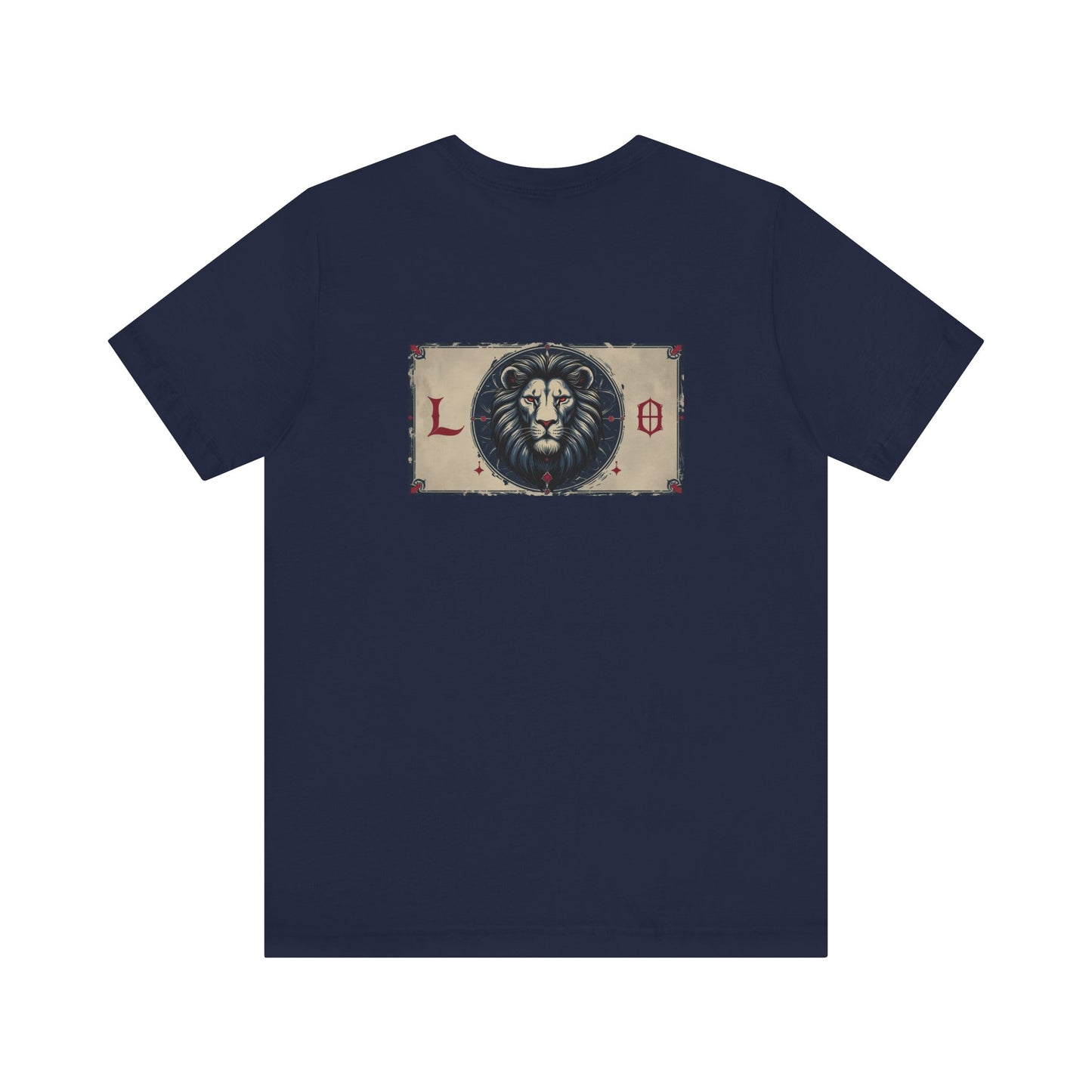 Leone - T-shirt con segno zodiacale gotico. Grafica blu sul retro. Segno zodiacale nell'ombra.