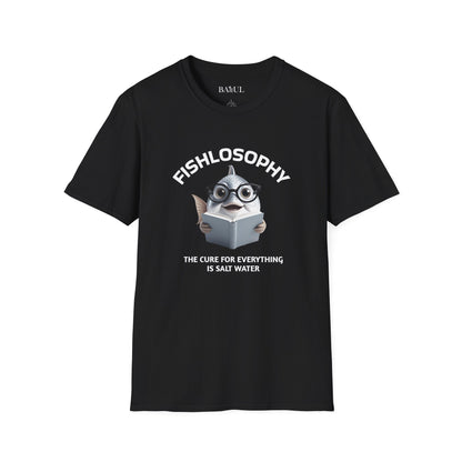 Maglietta unisex Fishlosophy - Design con vibrazioni oceaniche e domande sulla vita - La cura per tutte le malattie è l'acqua salata.