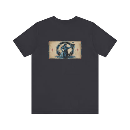 Acquario - T-shirt con segno zodiacale gotico. Grafica blu sul retro. Segno zodiacale nell'ombra.