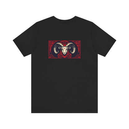 Ariete - Zodiaco gotico, maglietta con grafica rossa sul retro. Zodiaco nell'ombra