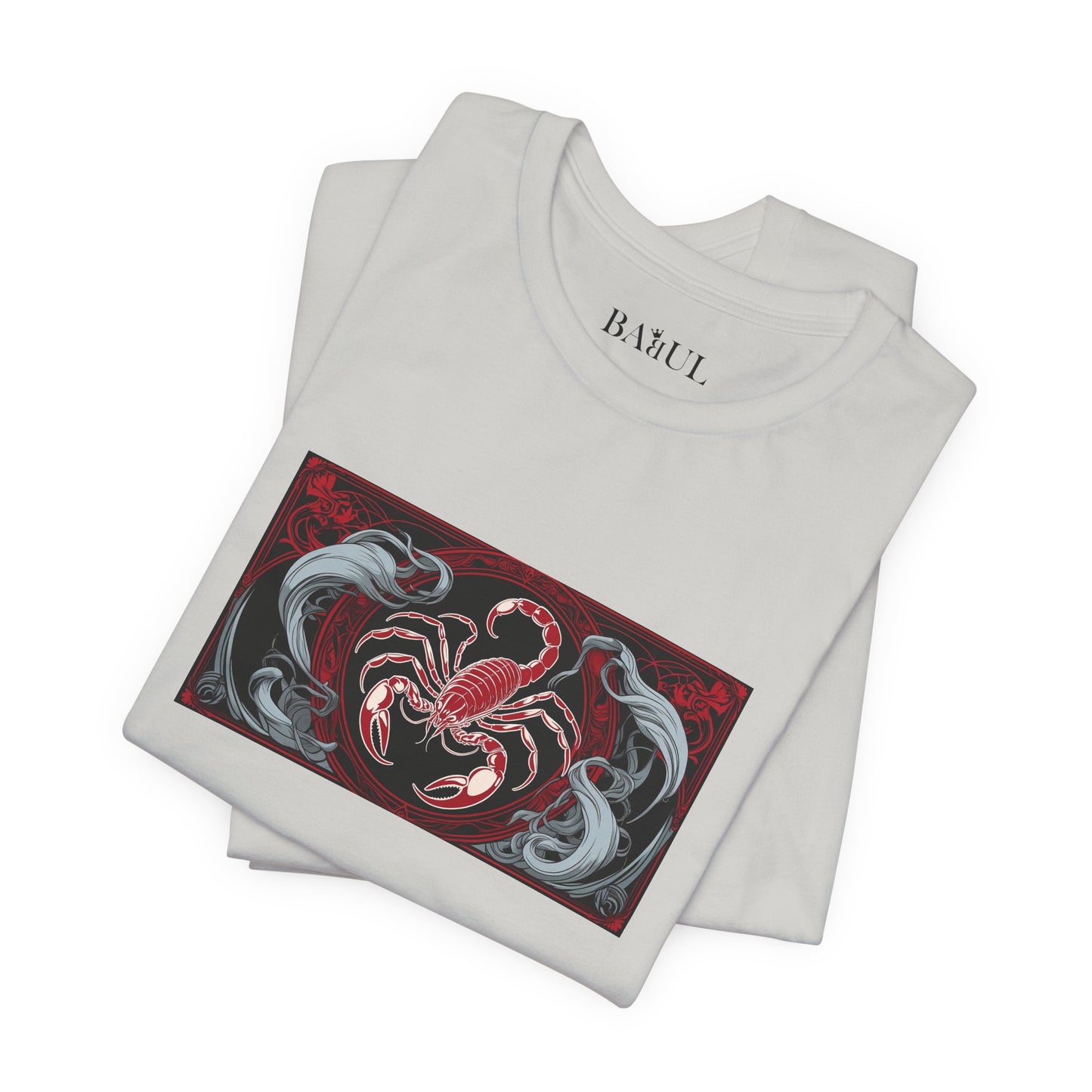 Scorpione - T-shirt Zodiaco gotico. Grafica rossa sul davanti. Zodiaco nell'ombra.