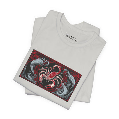 Scorpione - T-shirt Zodiaco gotico. Grafica rossa sul davanti. Zodiaco nell'ombra.