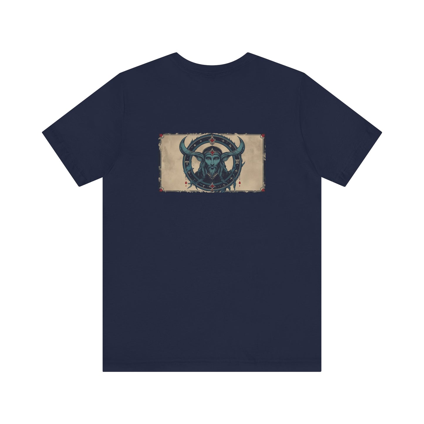 Capricorno - T-shirt con segno zodiacale gotico. Grafica blu sul retro. Segno zodiacale nell'ombra.