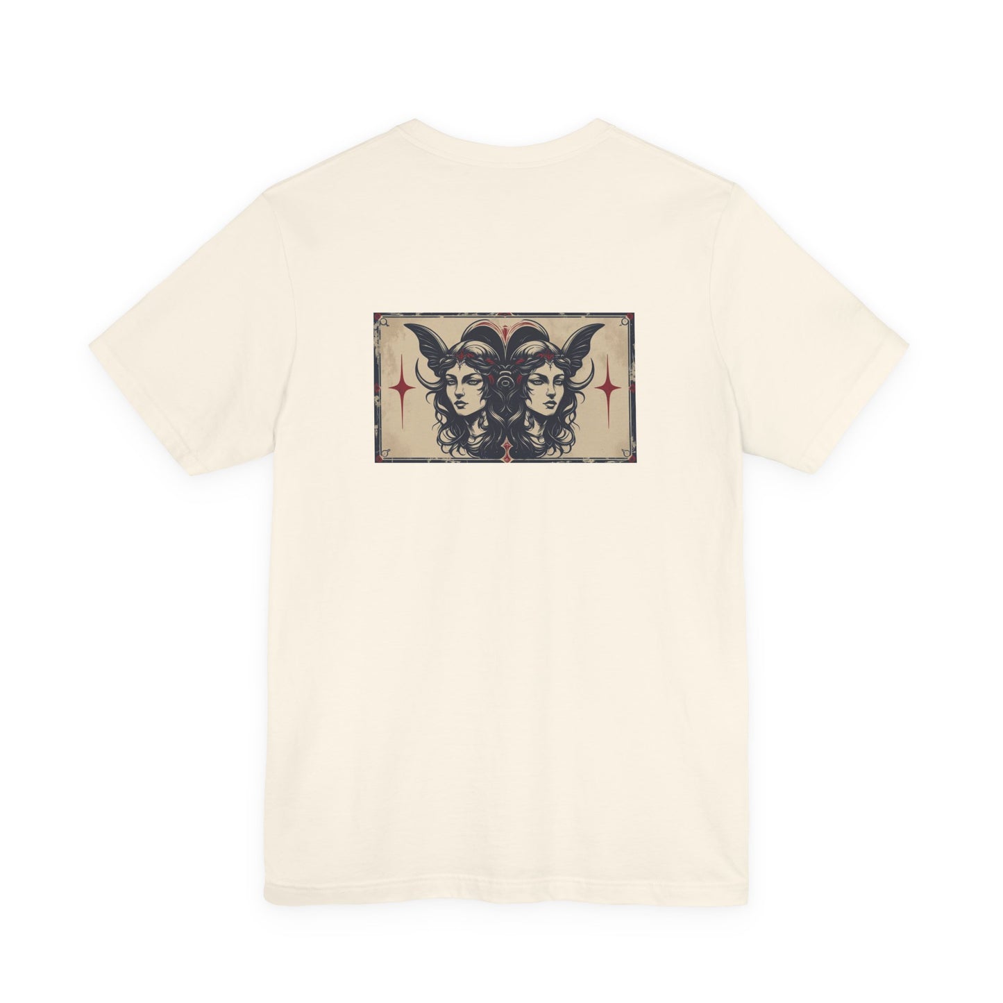 Gemelli - T-shirt con segno zodiacale gotico. Grafica blu sul retro. Segno zodiacale nell'ombra.