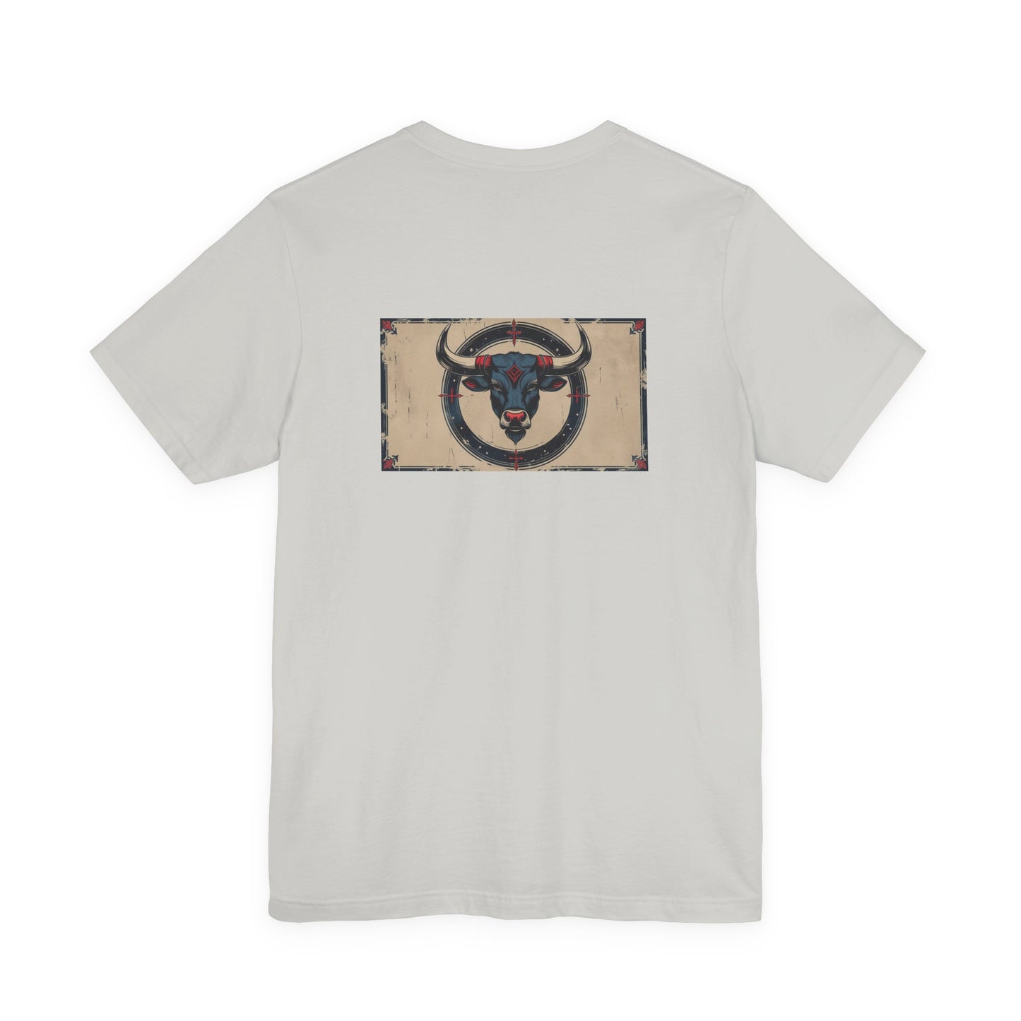 Toro - T-shirt con segno zodiacale gotico. Grafica blu sul retro. Segno zodiacale nell'ombra.