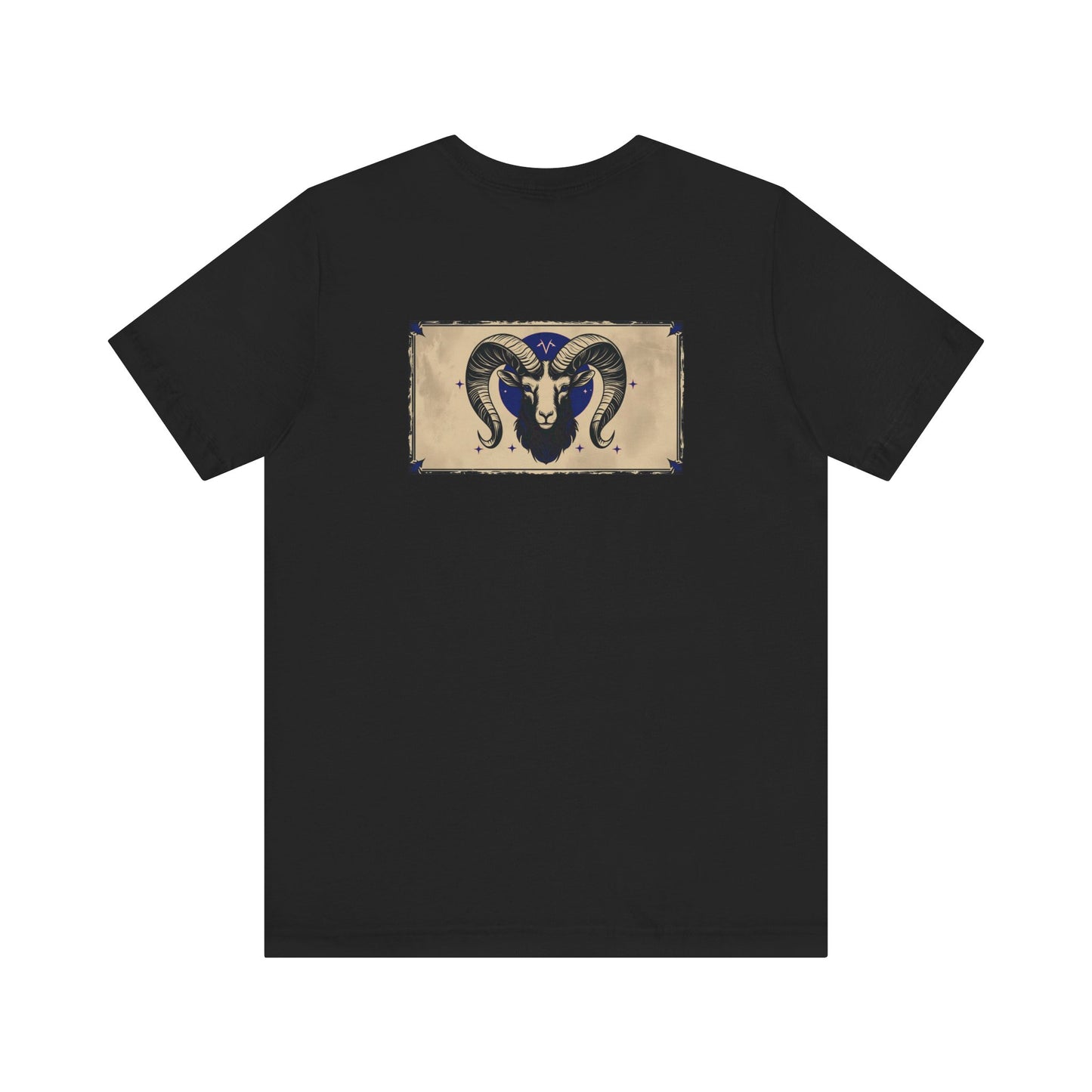Ariete - T-shirt con segno zodiacale gotico. Grafica blu sul retro. Segno zodiacale nell'ombra.