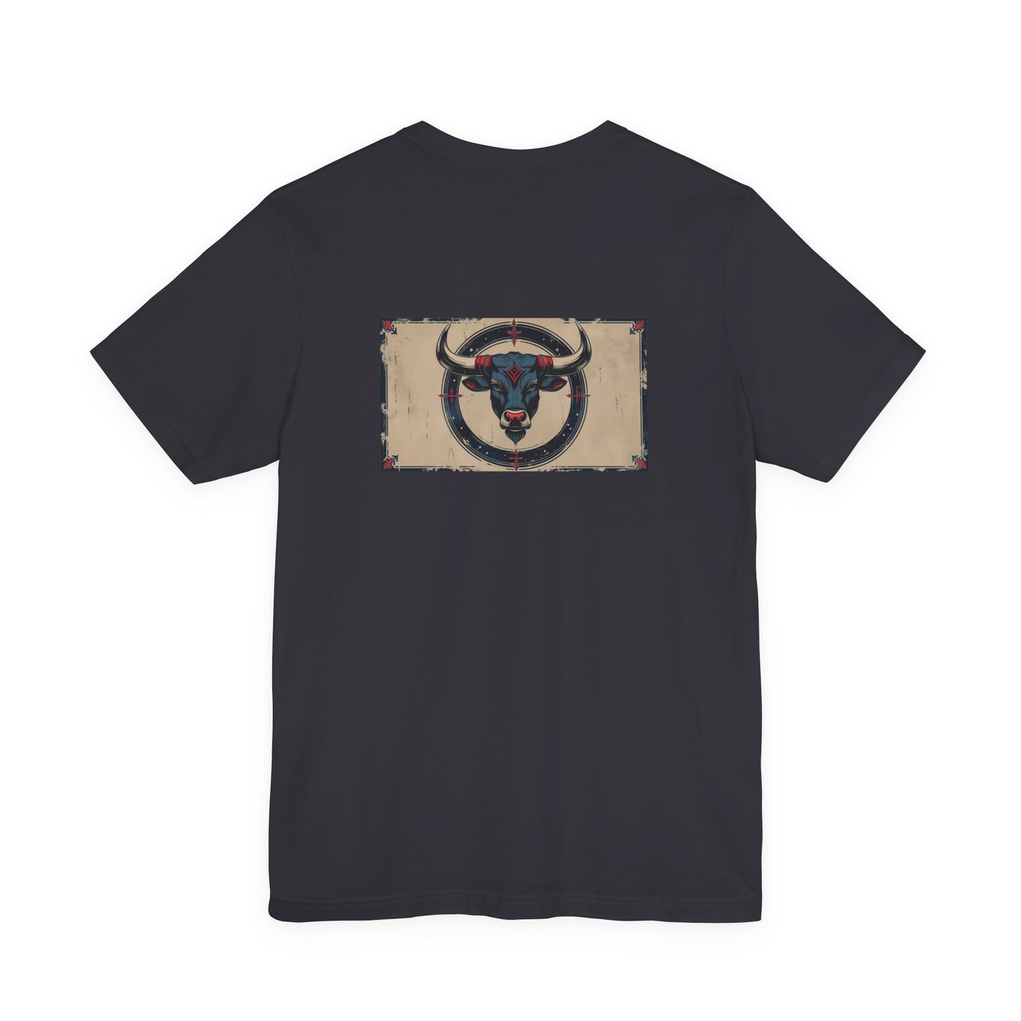 Toro - T-shirt con segno zodiacale gotico. Grafica blu sul retro. Segno zodiacale nell'ombra.