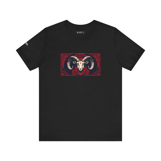 Ariete - T-shirt Zodiaco gotico. Grafica rossa sul davanti. Zodiaco nell'ombra.