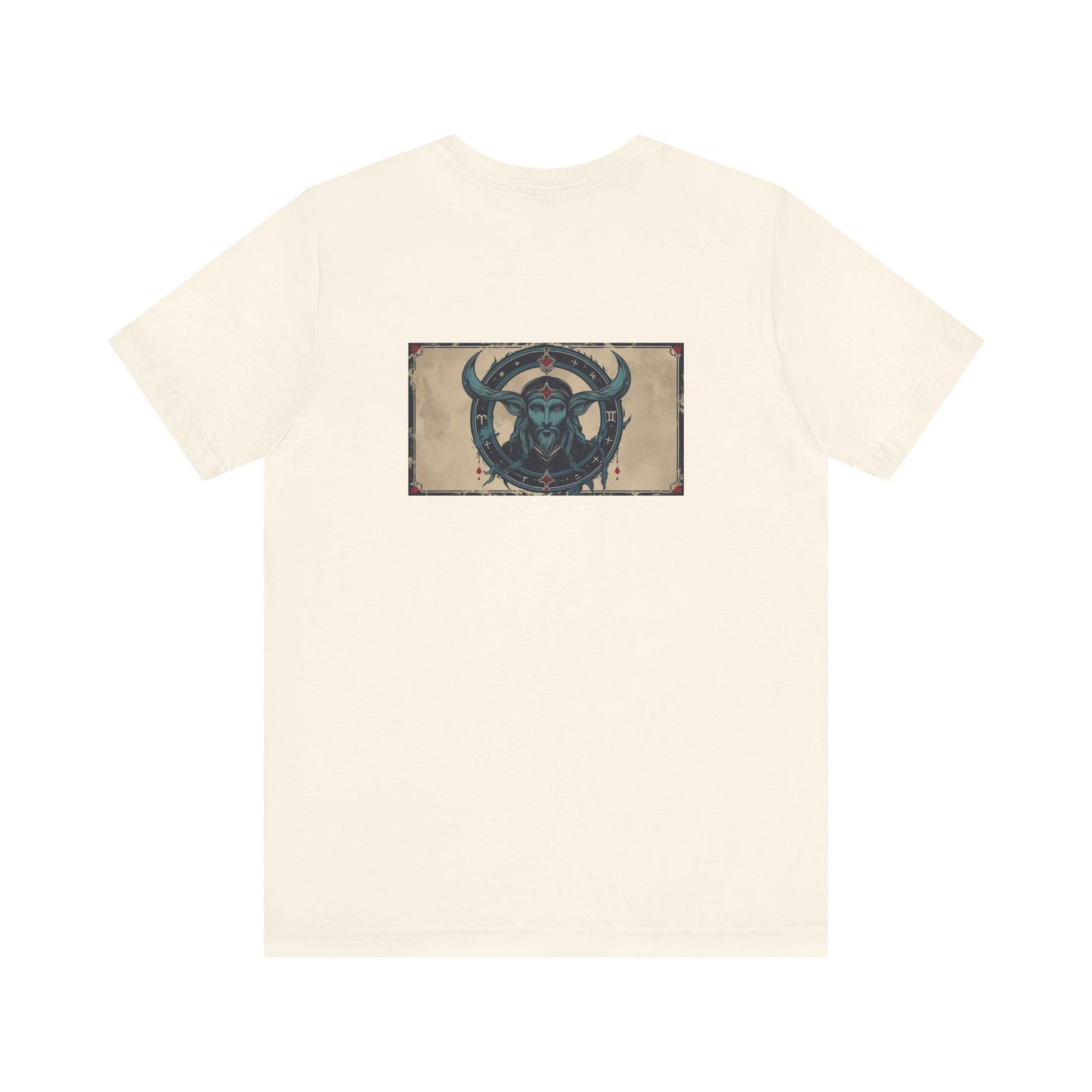 Capricorno - T-shirt con segno zodiacale gotico. Grafica blu sul retro. Segno zodiacale nell'ombra.
