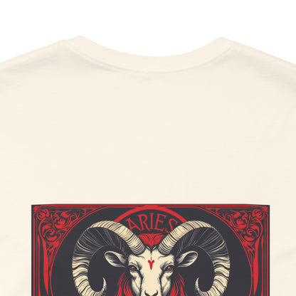 Ariete - Zodiaco gotico, maglietta con grafica rossa sul retro. Zodiaco nell'ombra