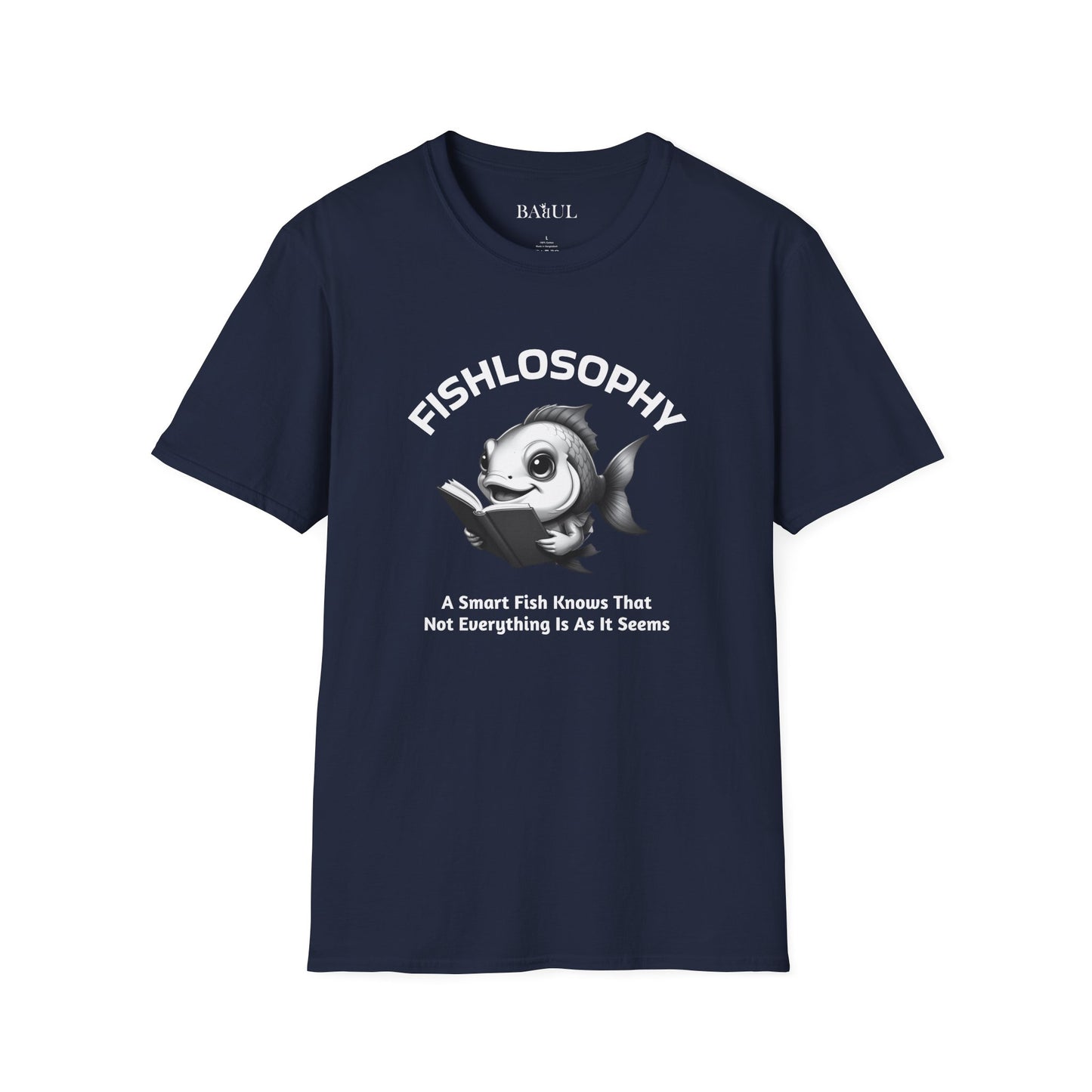 Maglietta unisex Fishlosophy - Design con vibrazioni oceaniche e domande sulla vita - Un pesce intelligente sa che non tutto è come sembra.