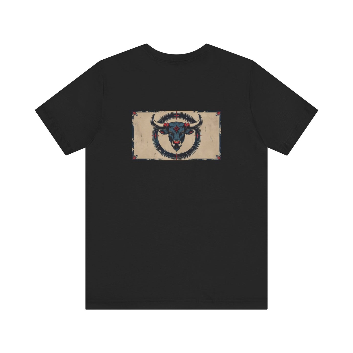 Toro - T-shirt con segno zodiacale gotico. Grafica blu sul retro. Segno zodiacale nell'ombra.