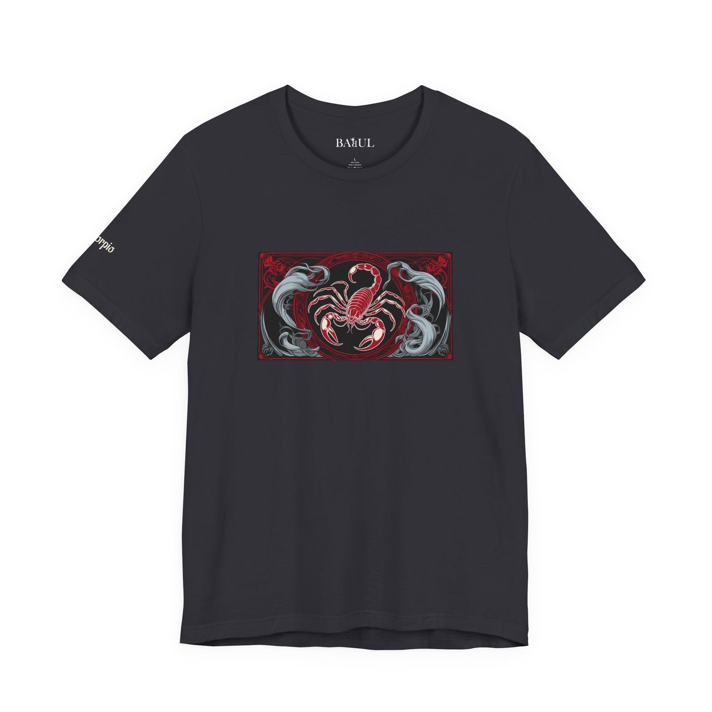 Scorpione - T-shirt Zodiaco gotico. Grafica rossa sul davanti. Zodiaco nell'ombra.