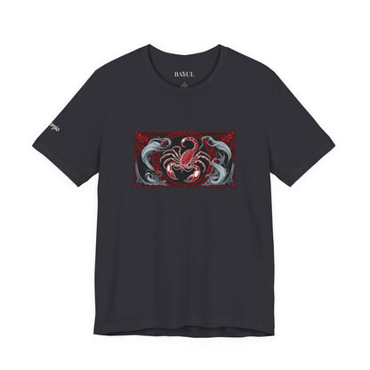 Scorpione - T-shirt Zodiaco gotico. Grafica rossa sul davanti. Zodiaco nell'ombra.