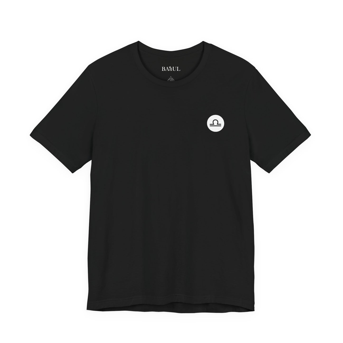 Bilancia - T-shirt con segno zodiacale gotico. Grafica blu sul retro. Segno zodiacale nell'ombra.