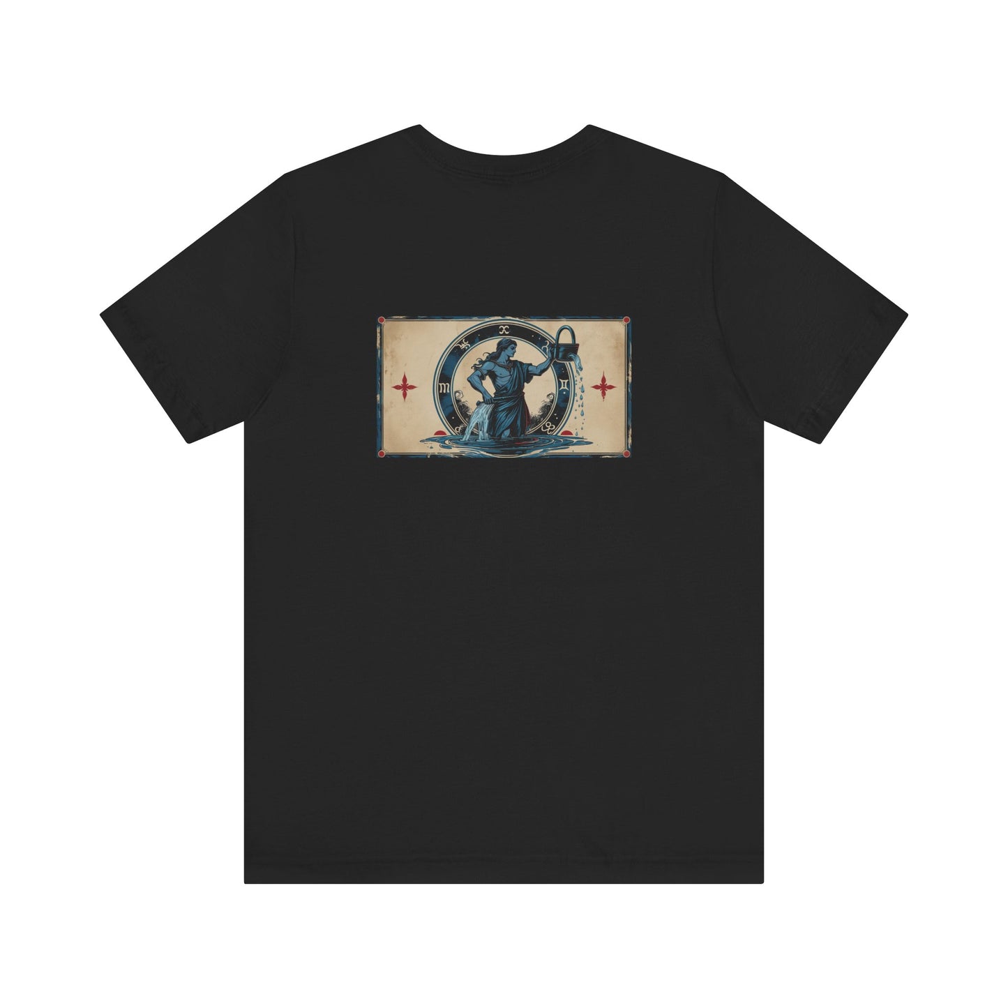 Acquario - T-shirt con segno zodiacale gotico. Grafica blu sul retro. Segno zodiacale nell'ombra.