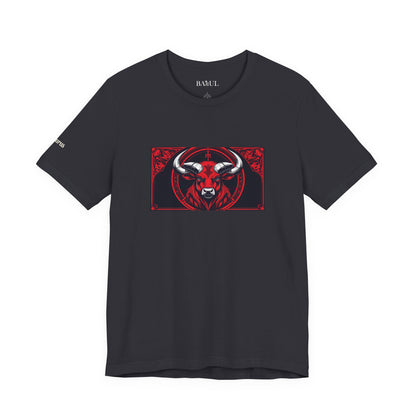 Toro - T-shirt Zodiaco gotico. Grafica rossa sul davanti. Zodiaco nell'ombra.